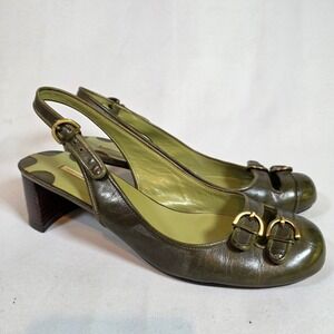Max Studio Womens 8 Olive Green Leather Buckle Slingback Block Heel Pumps Y2K